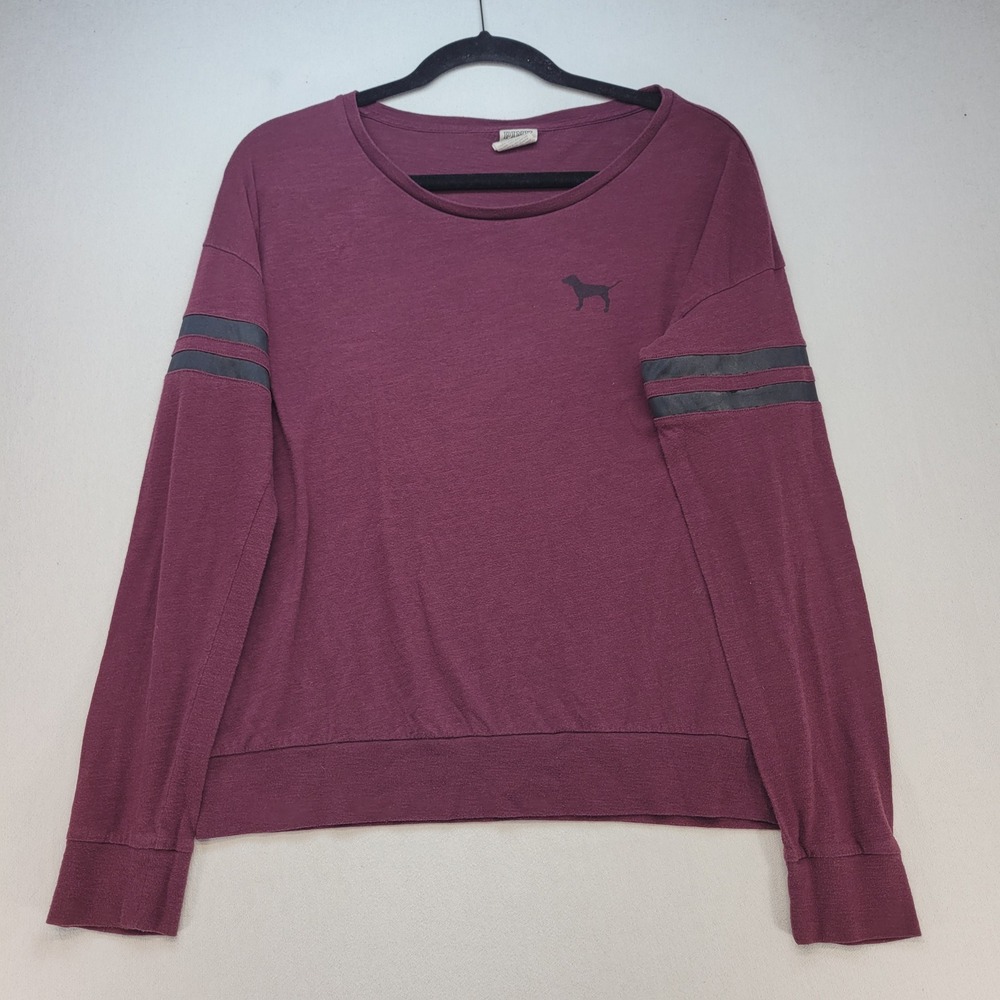 PINK Victoria's Secret Long Sleeve Shirt Women Small Maroon Sporty Logo Stripes
